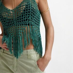 Anthropologie Crochet Tank Top w/ Adjustable Tie Straps + Tassels in Green